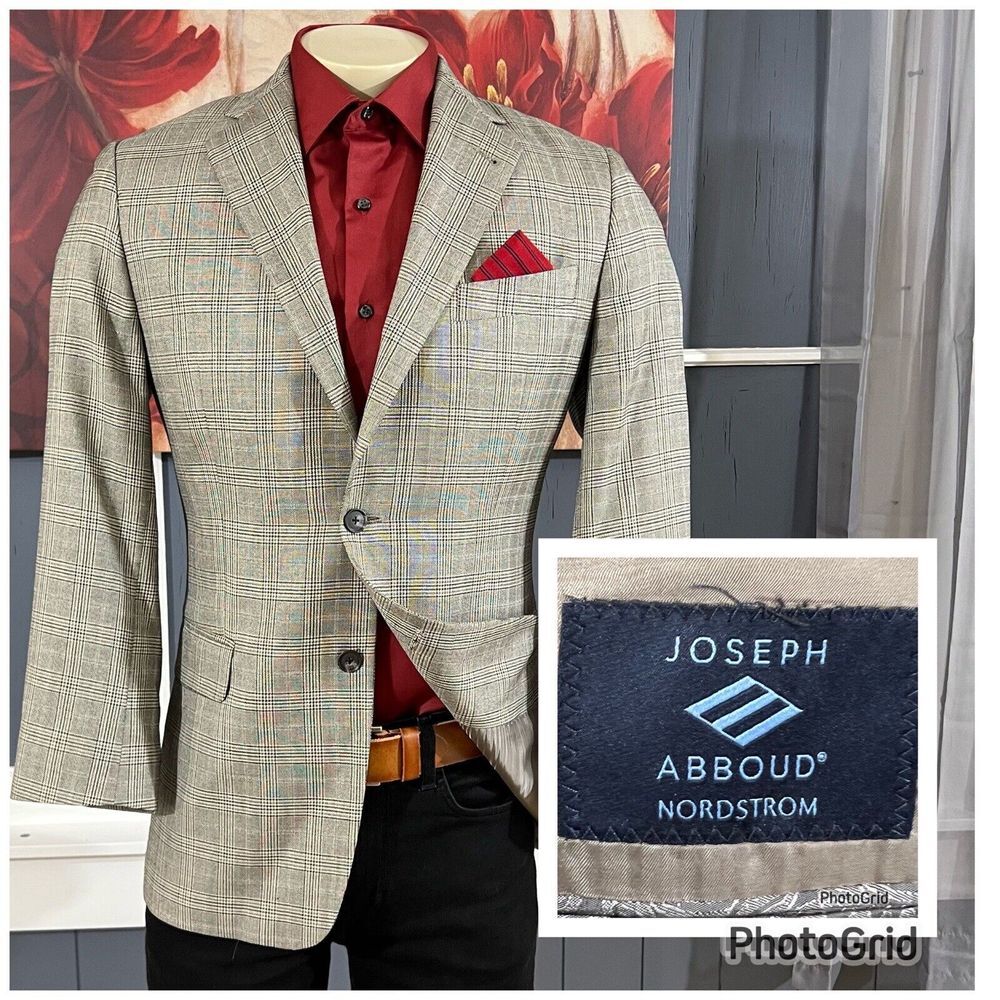 Joseph Abboud Blazer Mens Sport Coat Suit Jacket 40R Silk Wool Plaid Grey